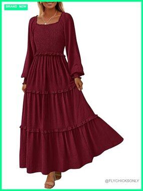 Long Sleeve Smocked Square Neck Swiss Dot Tiered Flowy Wedding Guest Maxi Dress